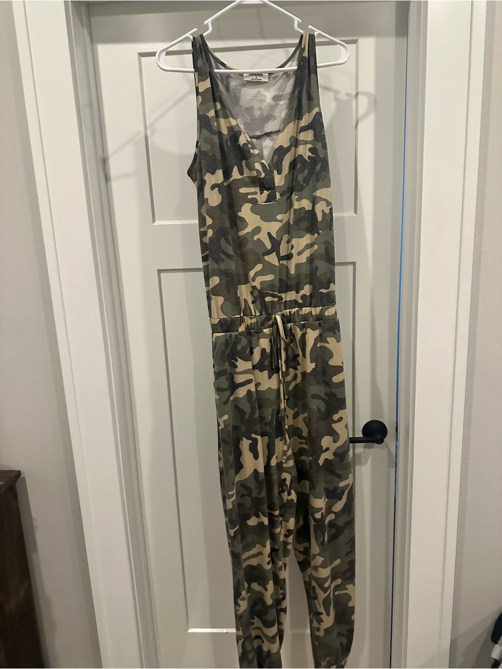 Zenana Outfitters Sleeveless Camouflage Drawstring Jumpsuit - Olive & Beige - Picture 1 of 4